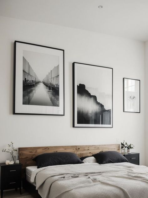 Create a stunning gallery wall above your bed using DIY framed art. Combine pieces of abstract paintings, black and white photographs, and inspirational quotes to add a personal touch to your bedroom decor. Frames Above Bed, Paintings Black And White, Painting Above Bed, Diy Framed Art, Diy Wall Art Ideas, Above Bed Art, Bedroom Frames, Wall Art Ideas, Above Bed