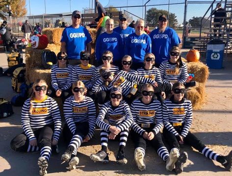 Team Halloween Costumes Soccer, Baseball Team Halloween Costume Ideas, Halloween Costumes For Soccer Teams, Softball Team Costume Ideas Sports, Halloween Costumes For Softball Team, Cop And Robber Costume, Halloween Soccer Tournament Costumes, Softball Halloween Team Costumes, Softball Team Costume Ideas