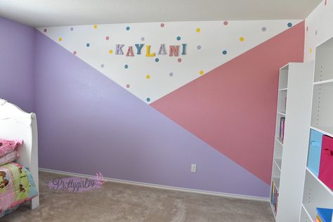 Purple Toddler Bedroom Accent Wall, Pink And Purple Painted Room, Pink And Purple Wall Paint Ideas, Geometric Wall Paint Purple, Accent Wall For Girls Room, Pink Toddler Rooms, Pink And Purple Bedroom, Kids Bedroom Paint, Girls Bedroom Paint