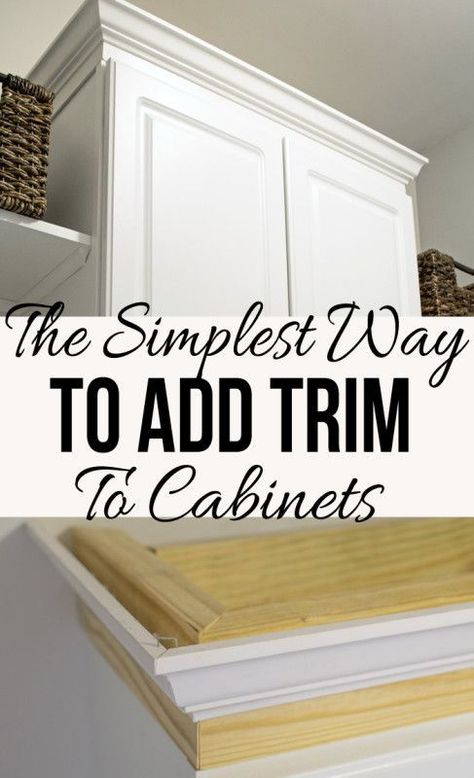 Upgrade those builder grade cabinets by adding some molding to the cabinets. Top Kitchen Cabinets, Cabinet Molding, Koti Diy, Cabinet Trim, Stock Cabinets, Kitchen Cabinets Makeover, New Kitchen Cabinets, Kitchen Upgrades, Kitchen Diy