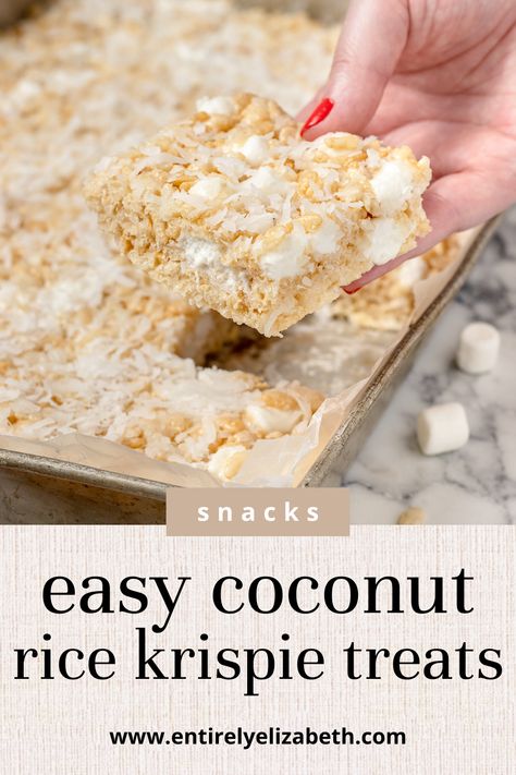 These easy Coconut Rice Krispie Treats are a classic recipe with a tasty twist. Guarantee you will be making memories for generations to come with these. Coconut Rice Krispie Treats Recipe, Coconut Lover's Rice Krispy Treats, Coconut Rice Krispy Treats, Rice Krispie Treats Coconut, Coconut Rice Crispy Treats, Samoa Rice Krispie Treats Recipe, Coconut Rice Krispie Treats, Deli Desserts, Baking Cart