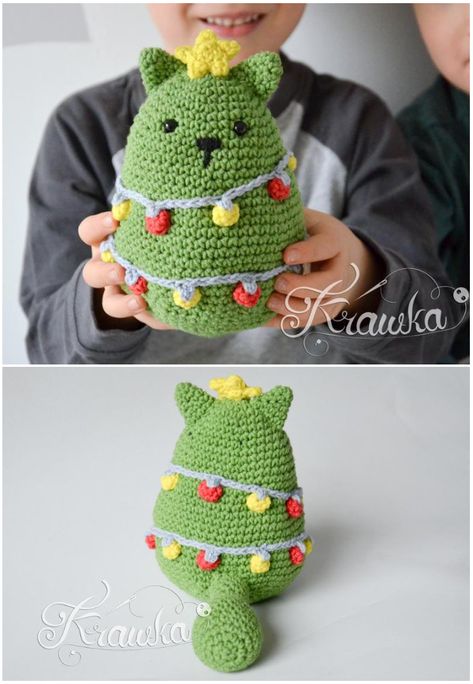 Christmas Cat Tree Ornament Crochet Ideas Your Crochet Christmas Tree Cat Crochet, Christmas Ornament Amigurumi, Christmas Cat Crochet, Christmas Amigurumi Pattern, Crochet Cat Christmas, Crochet Ideas Christmas, Crochet Stockings Christmas, Christmas Crochet Patterns Free Easy, Christmas Tree Crochet Patterns