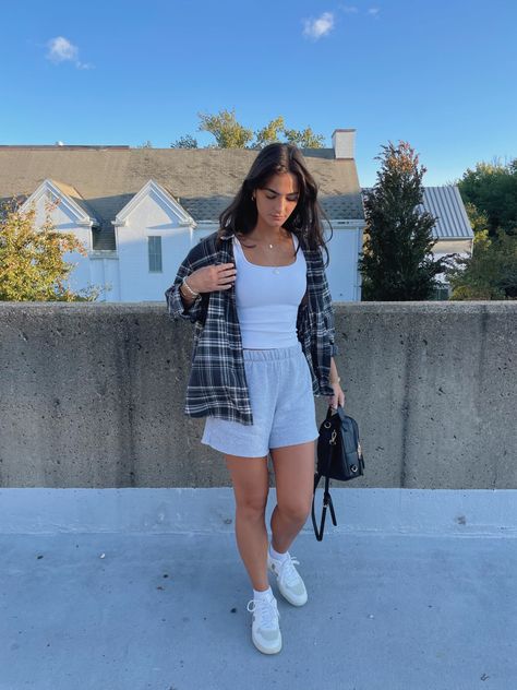 Light Grey Shorts Outfit, Black Sweatshorts Shorts Outfit, Grey Sweatshorts Outfit Women, Flannel Outfits With Shorts, Gray Sweatshorts Outfit, Sweatshorts Shorts Outfit Women, Longer Shorts Outfits Women, Outfits With Sweat Shorts, Grey Sweatshorts Outfit