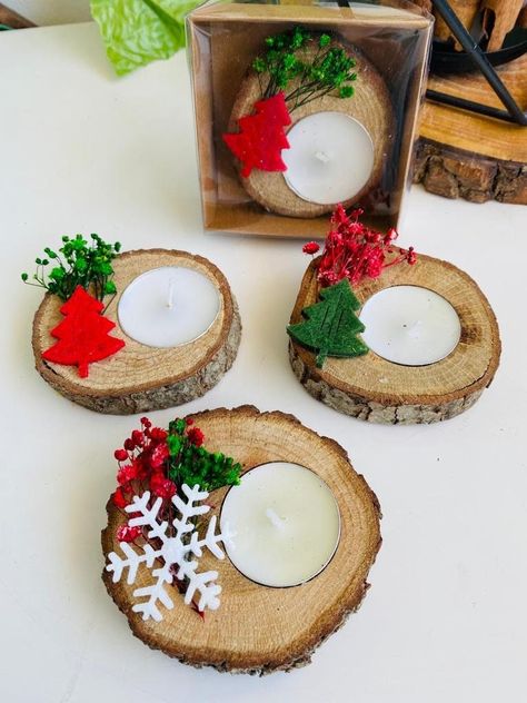 Wooden Log Candle Holders, Christmas Log Candle Holders, Christmas Tealight Holders, Corporate Employee Gifts, Christmas Fayre Ideas, Log Candle Holders, Rustic Christmas Gifts, Wooden Tea Light Holder, Xmas Centerpieces