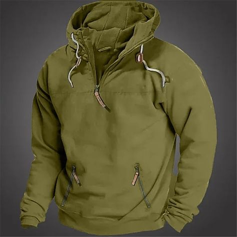 Tactical Hoodie, Holiday Streetwear, Streetwear Winter, Quarter Zip Hoodie, Graduation Outfits, Solid Color Sweater, Black Army, Loose Hoodie, Sportswear Fashion