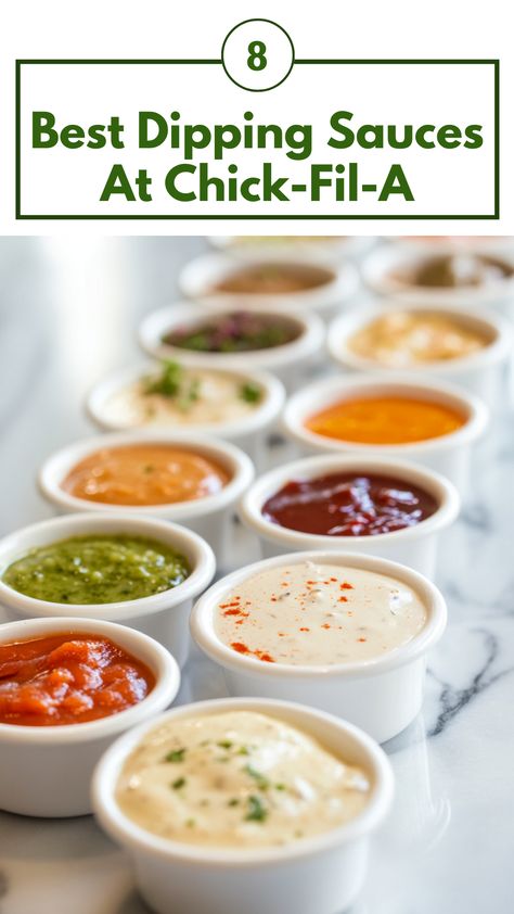 A variety of Chick-Fil-A dipping sauces displayed, including Chick-Fil-A Sauce, Polynesian Sauce, and Spicy Sriracha, adding vibrant colors and flavors to complement any meal. Chick Fil A Copycat Recipes, Best Dipping Sauces, Chick Fil A Copycat, Chick Fil A Recipe Copycat, Chick Fil A Sauce, Waffle Fries, Dipping Sauces, Favorite Chicken, Chick Fil A