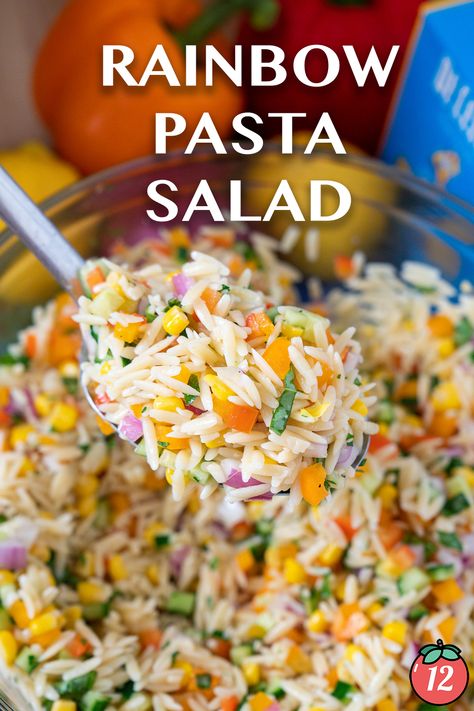 Rainbow Pasta Salad | 12 Tomatoes Cold Noodle Recipes Pasta Salad, Cold Noodles Recipes, Rainbow Pasta Salad, Rainbow Pasta, Tailgate Ideas, Rice Noodle Salad, Savory Sides, 12 Tomatoes Recipes, Cold Pasta Salad