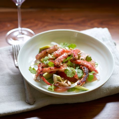 This lovely seafood salad was an improvisation. "I made it with what I had in the house," Piero Incisa della Rocchetta recalls. "Scarcity breeds creat... King Crab Salad, Salad With Grapefruit, Smoked Trout Salad, Sardine Recipes, Avocado Recipe, Cherry Tomato Sauce, Seafood Stew, Crab Salad, Seafood Salad