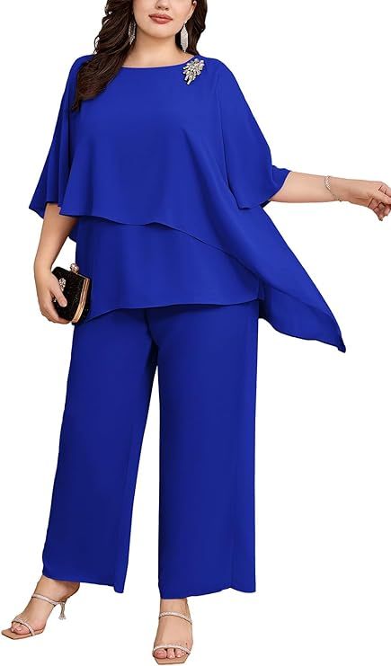 Look elegant and comfortable at weddings or special occasions with the Hanna Nikole Plus Size Mother of Bride Pant Suits. Made with chiffon and featuring ruffle layers, this 2-piece set is perfect for wedding guests. Available in various sizes and colors. Hashtags: #PlusSizeFashion #MotherOfBrideOutfit #WeddingGuestAttire #ChiffonPantSuits Formal Night On Cruise Dresses, Blue Wedding Guest Outfits, Wedding Guest Outfit Inspiration, Evening Suit, Pant Suits For Women, Chiffon Pants, Gown Blue, Dress Pant Suit, Mother Of Bride Outfits