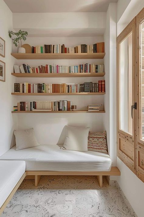 Simple Library Ideas, Library Wall With Reading Nook, Small Unit Decor Ideas, Reading Nook With Bookshelves, Library Small Room, Book Shelves Bedroom, Reading Nook Small Space, Library In Bedroom, Small Nook Ideas