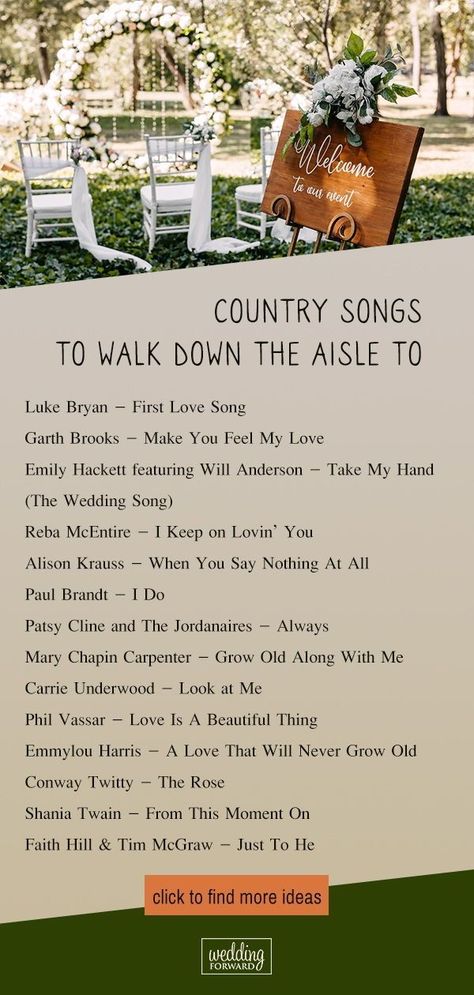 Country Walk Down The Aisle Songs, Western First Dance Songs, Wedding Song List Country, Country Wedding Songs Ceremony, Country Wedding Music Playlist, Wedding Playlist Country, Country Music Wedding Playlist, Old Country Wedding Songs, Best First Dance Songs Wedding Country