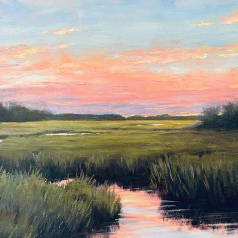 Margaret Babbitt Studio | Thinking this is done - moving it to the side to sit a for a bit. Golden Morning, 20x28 acrylic . . #coastal #marsh #skylovers… | Instagram Marsh Acrylic Painting, Sunset Marsh Painting, Salt Marsh Painting, Coastal Painting Ideas, Painting Inspo Acrylic, Marsh Watercolor, Marsh Pictures, Cloud Painting Acrylic, Coastal Art Painting