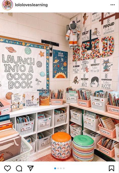 Reading Corner Classroom, Classroom Library Organization, Elementary Classroom Themes, Teaching Classroom Decor, Teachers Room, Classroom Goals, Space Classroom, Kindergarten Classroom Decor, Dream Classroom