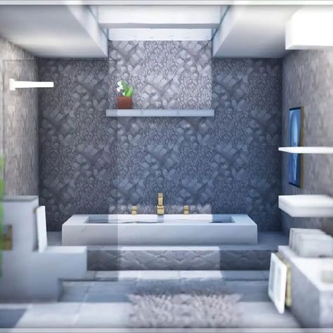 Having a luxurious-looking bathroom in Minecraft will not only complete your modern house experience but also give you a refreshing rest from your tiring adventures! This Lavish Modern Bathroom in Minecraft is perfect for you! This build utilizes a modern texture pack, making the body more realistic and luxurious. So if you fancy playing with different texture packs and are looking for a bathroom design, check it out now! Bathroom In Minecraft, Minecraft Bathroom Design, Minecraft Modern Interior, Minecraft Decor Ideas Interior Design, Bedroom In Minecraft, Interior Design Minecraft, Modern House Minecraft, Interior Minecraft, Minecraft House Ideas