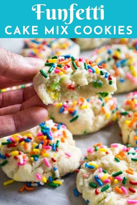 Easy 3 Ingredient Cookies, 4 Ingredient Cake, Confetti Cake Cookies, Funfetti Cake Mix Recipes, Chewy Cake, Funfetti Cake Mix Cookies, 3 Ingredient Cookies, Funfetti Cookies, Cake Mix Desserts