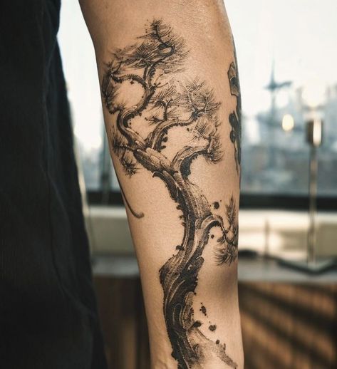 Tatuaje Studio Ghibli, Pine Tattoo, Tree Tattoo Arm, Tree Tattoo Men, 12 Tattoos, Men Tattoos Arm Sleeve, Tattoo Inspiration Men, Tree Tattoo Designs, Warrior Tattoo