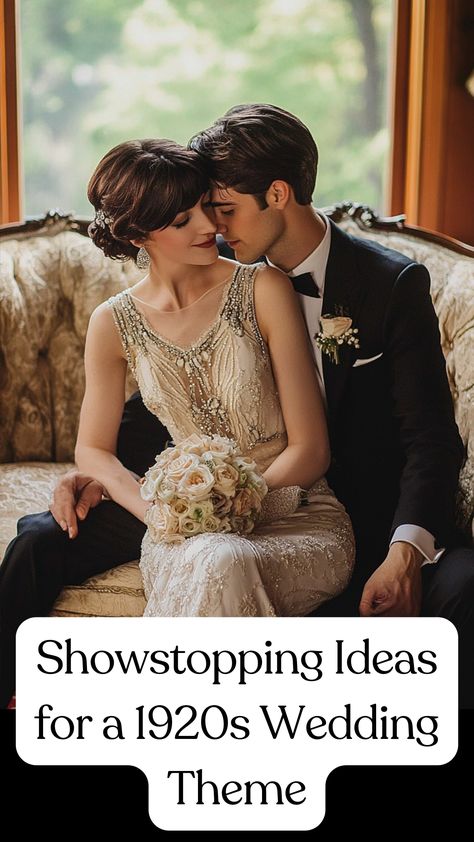 A stunning vintage 1920s wedding theme with flapper-inspired fashion, jazz music, and Gatsby-style decor. 1920s Bride, 1920 Wedding Theme Vintage Glamour, 1920 Wedding Theme, 20s Wedding Theme, Gatsby Wedding Decorations, 1920 Wedding, Speakeasy Wedding, Flapper Wedding, Great Gatsby Themed Wedding