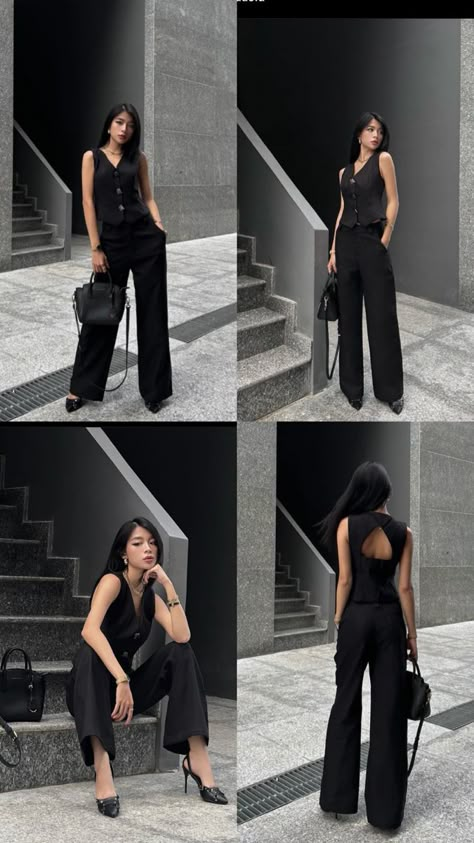 Pose In Blazer For Women, Semi Formal Black And White Outfits, Formal Outfit Poses For Women, Semi Formal All Black Outfits For Women, Formal Korean Outfits For Women, Semi Formal Black Outfit, Formal Attire Women Classy, Blazer Poses Women, Black Semi Formal Outfit