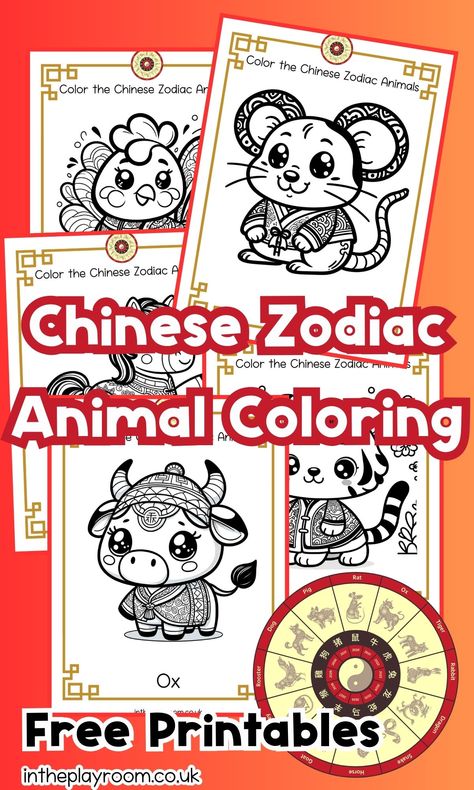 Chinese Zodiac Animal Coloring Pages - In The Playroom Chinese Zodiac Coloring Pages, Chinese New Year Zodiac Animals For Kids, Chinese Year Animals, Chinese New Year Coloring Pages, Pig Chinese Zodiac, Dog Chinese Zodiac, Dog Zodiac, Chinese Zodiac Animals, Zodiac Signs Colors