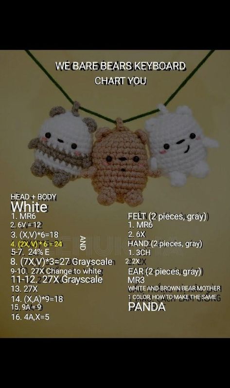 We Bear Bears Crochet Pattern, We Bare Bears Crochet Keychain, We Bare Bears Crochet Pattern, Crochet Feather, Scrap Yarn Crochet, Easy Crochet Animals, Crochet Fairy, Crochet Disney, Quick Crochet Patterns