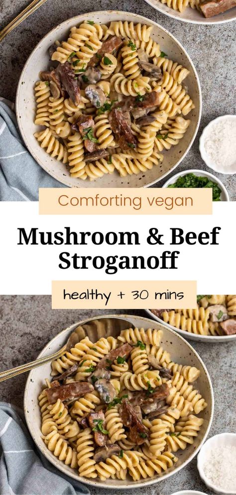 Vegan Beef And Noodles, Vegan Beef Stroganoff, Beef And Mushroom Stroganoff, Vegan Stroganoff, Homemade Tofu, Vegan Steak, Russian Dishes, Vegan Beef, Steak Tips