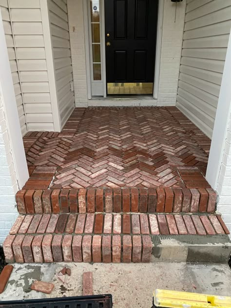 Front Door Steps Ideas Entrance, Door Steps Ideas Entrance, Brick Porch Ideas, Porch Steps With Landing, Porch Steps With Railing, Diy Brick Pavers, Steps With Railing, Porch Steps Ideas, Pavers Over Concrete