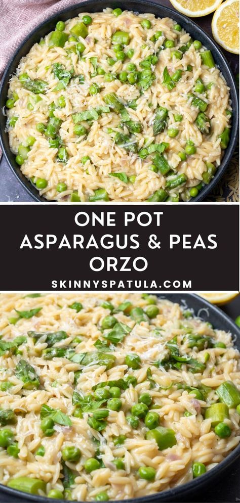 One Pot Orzo with Asparagus and Peas – Skinny Spatula Dinner With Protein And Veggies, Spring Italian Recipes, Orzo Pea Soup, Meals With Orzo Pasta, Cheesy Asparagus Orzo, Orzo With Asparagus Parmesan, Orzo Pea Salad, Vegan Recipes With Asparagus, Lemon Orzo Shrimp Asparagus