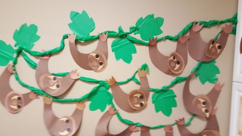 Vines From Ceiling, Birthday Bulletin Board, Sloth Birthday, Birthday Bulletin Boards, Birthday Bulletin, Vbs 2024, Classroom Theme, Rain Forest, Jungle Theme