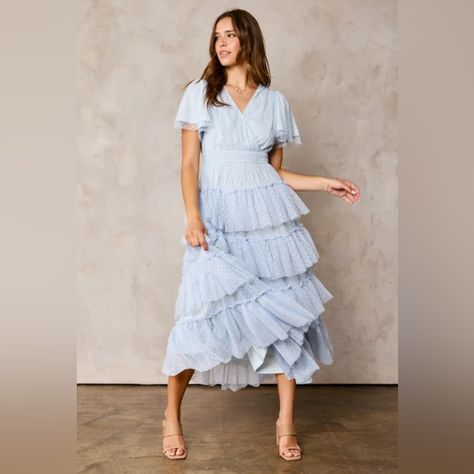 Mesh Tiered Dress Allover Mesh Dot Textured Short Sleeves Surplice Neckline Ruffle Tiers Layers Relax Fit Modest Dresses For Women, Modest Prom, Dress Light Blue, Long Blue Dress, Modest Bridesmaid Dresses, Prom Dresses Modest, Blue Bridesmaid Dresses, Long Dress Casual, Spring Dress