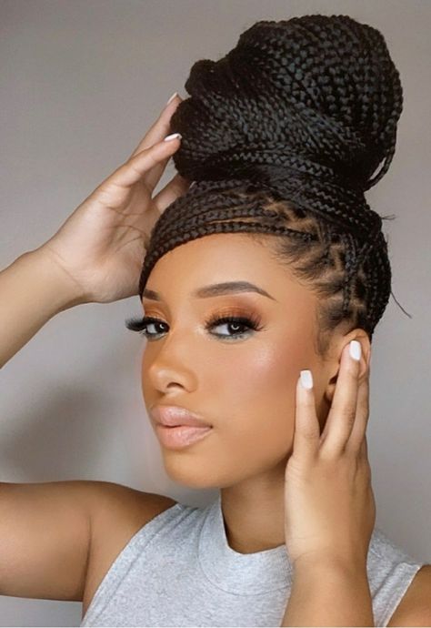 Braid Buns Hairstyles For Black Women, Classy Knotless Braid Styles, Small Box Braids Updo, Braid Updo For Black Women Wedding, Block Braid Styles, Individual Braids Updo Styles, High Pony Box Braids, Knotless Braids Hairstyles Updo Bun, Box Braid Bridal Hairstyles