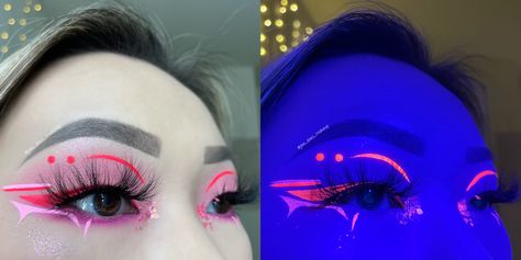 Neon Pink Rave Makeup, Uv Liner Makeup, Pink And Black Graphic Liner, Uv Eyeliner Looks, Cyberpunk Eyeliner, Neon Liner Makeup, Cyberpunk Makeup Ideas, Neon Eyeliner Looks, Rave Eye Makeup