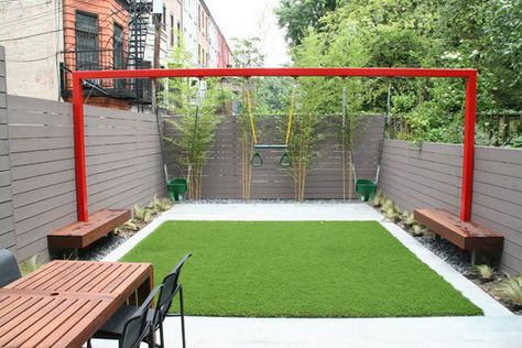 Swing for a small outdoor space, back yard. Just add SYNLawn for an easy to maintain and safe area to play. Kid Friendly Backyard, Custom Backyard, Urban Backyard, Backyard Ideas For Small Yards, Relaxing Backyard, Play Area Backyard, Backyard Playground, Backyard Play, Small Yard