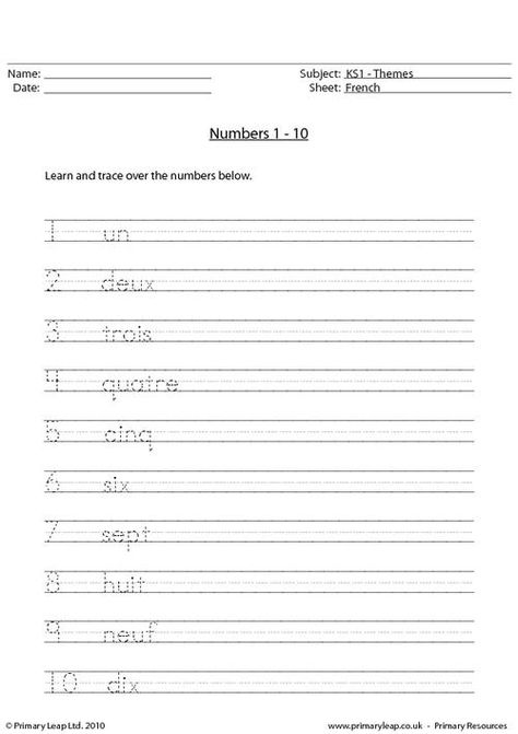 PrimaryLeap.co.uk - French numbers 1 - 10 Worksheet French Printable, French Numbers, Spanish Numbers, French Worksheets, Spanish Worksheets, Language Worksheets, French Classroom, Word Problem Worksheets, Primary Resources