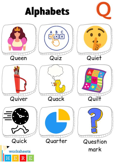 Alphabet Q Words with Pictures, Letter Q Vocabulary with Pictures - WorksheetsHere.com Q Words For Kids, Q Words, Question Quotes, Words List, Picture Table, Sound Words, American School, Letter N Words, Letter Q