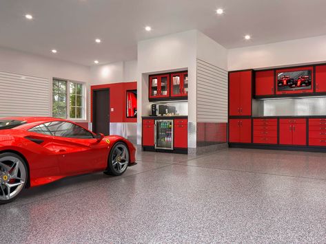 Garage Makeover Ideas | Garage Living Jacksonville Ferrari Garage Ideas, White Garage Interior, Garage Interior Paint Colors, Custom Garage Ideas, Garage Color Ideas, Garage Makeover Ideas, Ferrari Garage, Red Garage, White Garage