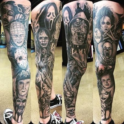 Movie Character Tattoos, Horror Sleeve, Sick Tattoos, Halloween Tattoos Sleeve, Horror Tattoos, Movies Wallpaper, Horror Movie Tattoos, Club Tattoo, Movie Tattoo