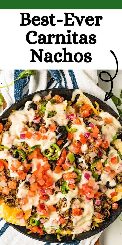 Carnitas Recipes Leftover, Pork Carnitas Nachos, Easy Pork Carnitas, Carnitas Nachos, Pulled Pork Nachos Recipe, Pork Nachos Recipe, Mexican Pork Recipes, Shredded Pork Recipes, Pork Carnitas Recipe