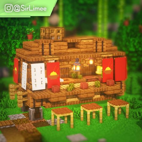 SirLimee | Minecraft Builder on Instagram: “A nice Ramen Cart design i made for you, the banners are inspired by TheBlackBeltPanda on YT. Admire that smiling panda on the 4th picture…” Minecraft Outdoor Restaurant, Minecraft Food Truck Ideas, Minecraft Cart Build, Minecraft Japanese Furniture, Minecraft Ramen Cart, Small Shops Minecraft, Anime Inspired Minecraft Builds, Cute Minecraft Market Stalls, Minecraft Food Stand Ideas