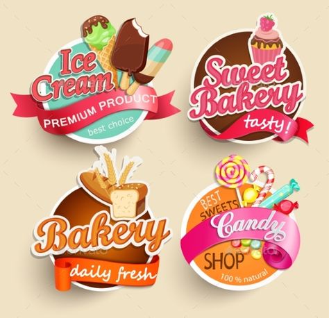 Food Label or Sticker ¨C bakery, ice cream, candy, sweet bakery ¨C Design Template. Vector illustration. Sweet Bakery Logo, Dangler Design, Food Label Sticker, Food Label Template, Party Food Labels, Sweet Jars, Cream Candy, Candy Sweet, Fresh Shop