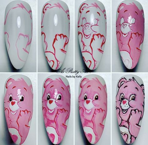 Carebears Nail Designs, Care Bear Nail Art Step By Step, Nail Art Designs Cartoon Characters, Care Bear Nail Designs, Pink Bear Nails, Cartoon Nail Art Step By Step, Character Nail Art Step By Step, Character Nail Designs, Character Nail Art