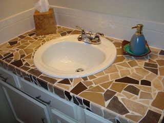 Tiled Countertop Bathroom, Faux Concrete Countertops, Mosaic Countertops, Mosaic Countertop, Diy Countertop, Downstairs Wc, Fun Interior, Vanity Diy, Tiled Bathroom