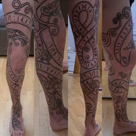 Nordic Leg Sleeve Tattoo, Nordic Leg Tattoo, Viking Leg Tattoo, Runes Tattoos, Norse Tattoos, Traditional Viking Tattoos, Viking Warrior Tattoos, Pagan Tattoo, Viking Tattoo Sleeve