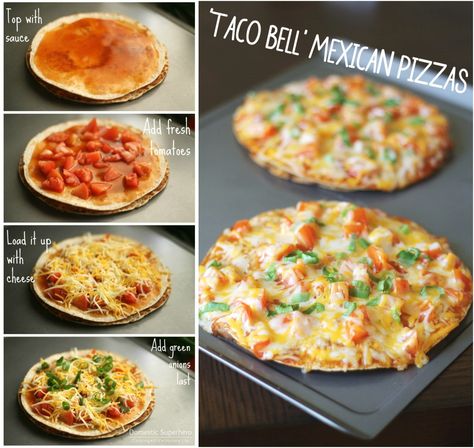 'Taco Bell' Mexican Pizzas. Maybe some taco meat too next time. Taco Bells, Copycat Taco Bell Mexican Pizza, Taco Bell Pizza, Mexican Pizzas, Taco Bell Mexican Pizza, Large Family Meals, Mexican Pizza, Large Families, Vegetarian Meals