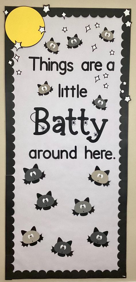 Things are a little Batty around here!  This ready to hang Halloween decor is constructed from top quality card-stock and can be used for both classroom bulletin boards as well as classroom door decor. What's included: * Phrase as shown:  "Things are a little Batty around here." * 7 bats measuring approximately 6" each * 5 bats measuring approximately 4" each * 1 full moon approximately 11.5" * 21 silver glitter stars BACKGROUND PAPER AND BORDER ARE NOT INCLUDED WITH THIS SET. Please reach out if there are any changes that you would like to have made. Spider Halloween Classroom Door, Spooky Classroom Door Ideas, Its Batty In Here Classroom Door, Spider Halloween Bulletin Board, Bats Bulletin Board Ideas, Kindergarten Classroom Halloween Decor, Monster Doors For Halloween, School Clinic Door Decorations, October Bulletin Board Ideas Elementary