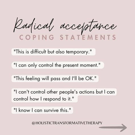 Struggling to let go of or accept something? Learn these few Radical Acceptance Coping Statements to help you cope with the most heavy, complicated feelings. Share them with your kids, partner, friends and anyone else who might need them. Do you need additional support to heal your inner wounds? Book a phone call to see if I can help. Love and light 🤍 Dorota Hypnotherapist and counsellor At Holistic Transformative Therapy _____________________________ #psychotherapy #psychology #mental... Coping With Failure, Radical Acceptance Quotes, Shocking Quotes, Coping Statements, Acceptance And Commitment Therapy, Acceptance Quotes, Radical Acceptance, Emotional Wellbeing, Mental And Emotional Health