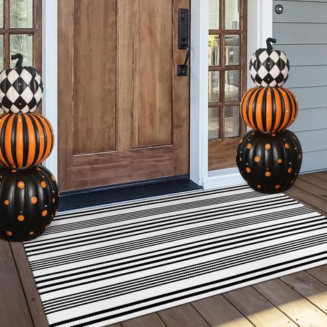 PRICES MAY VARY. Perfect Size: OJIA front door mats outdoor features the 51.18" x 23.62" ideal size, perfect to fit a common outdoor door mat for a double-layer effect, adding a different brilliance to your porch! Easy Care Washable Rugs: OJIA Black and white outdoor rug is easy to care for and can be machine washed. Machine wash in a gentle cycle and air dry. Gently pat or use a simple vacuum to quickly blow away dirt. Indoor/Outdoor Rugs: Resistant to outdoor elements and can keep its vibrant Fall Door Mats, Fall House Decorations, Stoop Decor, Black And White Outdoor Rug, Outdoor Entryway Decor, Small Front Porch Decor, Porche Halloween, Front Porch Rug, Door Mats Outdoor