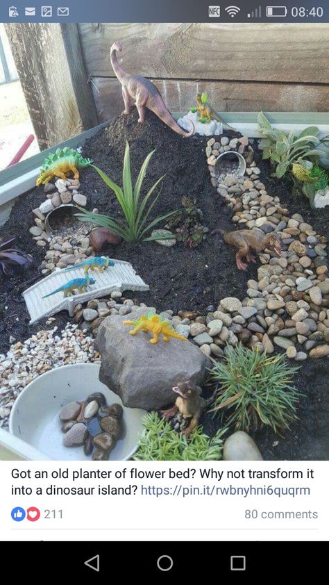 Mud Garden For Kids, Outdoor Dinosaur Play Area, Boy Fairy Garden Ideas, Dinosaur Garden For Kids, Dino Garden, Dinosaur Small World, Dinosaur Garden, Outdoor Play Spaces, Play Garden