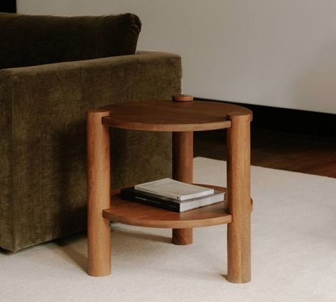 Brown End Tables & Side Tables | Pottery Barn Round Wood Side Table, Round End Tables, Joinery Details, Round Accent Table, Bedroom Sideboard, Table Rug, Durable Furniture, Wood Joinery, Wood End Tables