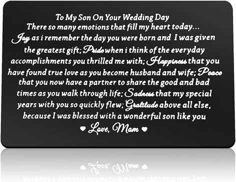 Amazon.com: Son Wedding Gifts from Mom Engraved Wallet Card Insert for Son on His Wedding Day to My Son Gifts Son Wedding Day Gifts Son Wedding Card Son Wallet Card from Mom : Clothing, Shoes & Jewelry To My Son On His Wedding Day Quote, Mother To Son Wedding Gift, To My Son On His Wedding Day, Letter To My Son On His Wedding Day, Letter To Son On Wedding Day From Mom, Son In Law Quotes Inspiration, Mother Of Groom Speech, Wedding Messages To Bride And Groom, Son On His Wedding Day