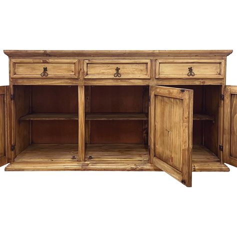 Rustic Pine Sideboard - Large Pine Sideboard - La Fuente Imports Kitchen Sideboard Ideas, Rustic Pine Furniture, Sideboard With Drawers, Colonial Chair, Classic Cabinets, Rustic Sideboard, Mexican Furniture, Pine Sideboard, Pine Furniture